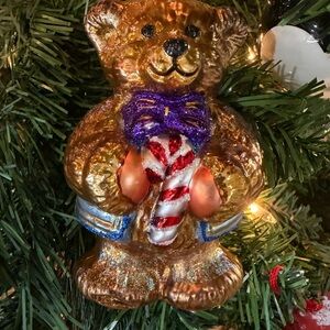 🎄Vintage Spode Cinnamon Teddy Bear Ornament with Purple Bow